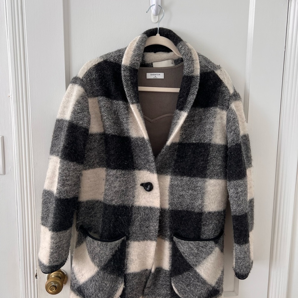 Aritzia Wool Black & White Plaid Coat